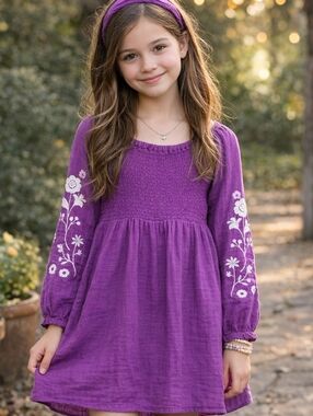 Purple Smocked Dress Floral Embroidery ZAC Kids Size L (10–12) Cottagecore Boho